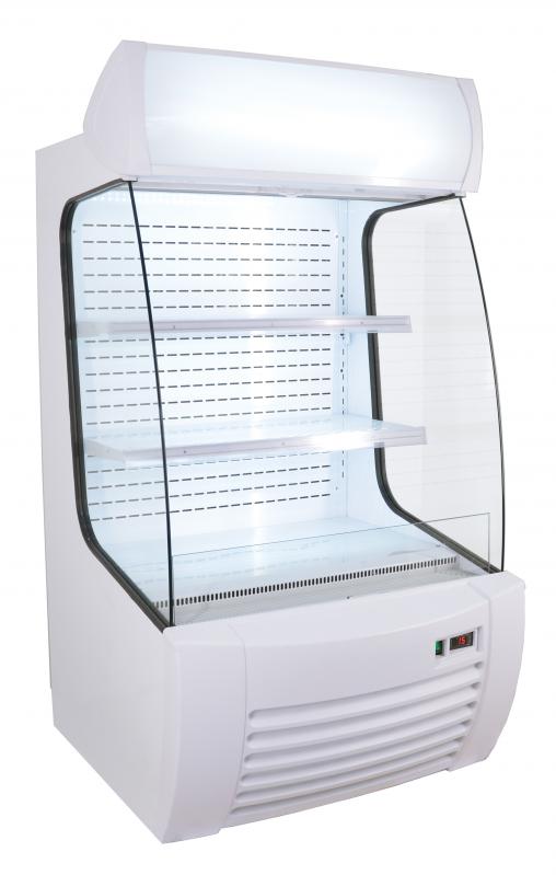 Omcan 41465 34 In. Open Refrigerated Floor Display, Ventilated Cooling, Night Curtain, LED Lighting