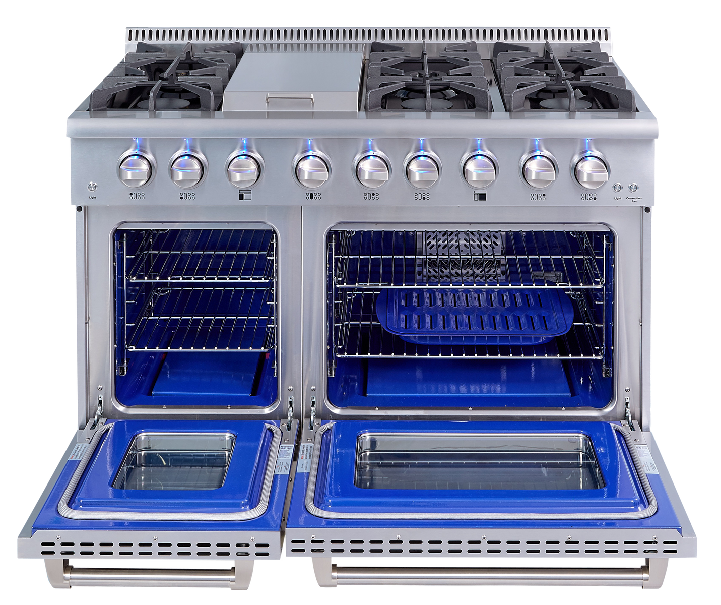 Omcan CE-CN-4808U 48 In. Dual Oven Gas Range, 6 Sealed Burners with Griddle, 135,000 BTU, Natural Gas