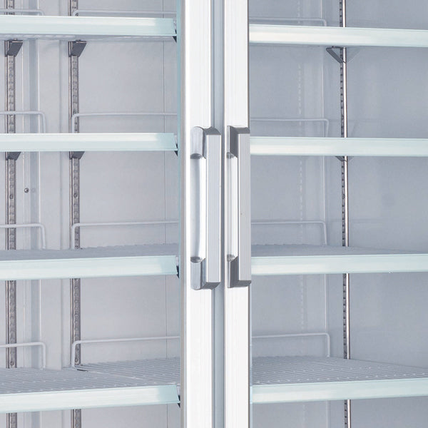 Omcan FR-CN-0045-HC 53 In. White Glass Doors Display Freezer, 45 Cu. Ft., Self-Closing, LED Lighting
