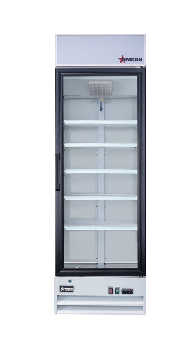 Omcan RE-CN-0014-H 26 In. White Glass Door Display Refrigerator, 1 Swing Door, 14 Cu. Ft., Bottom-Mounted