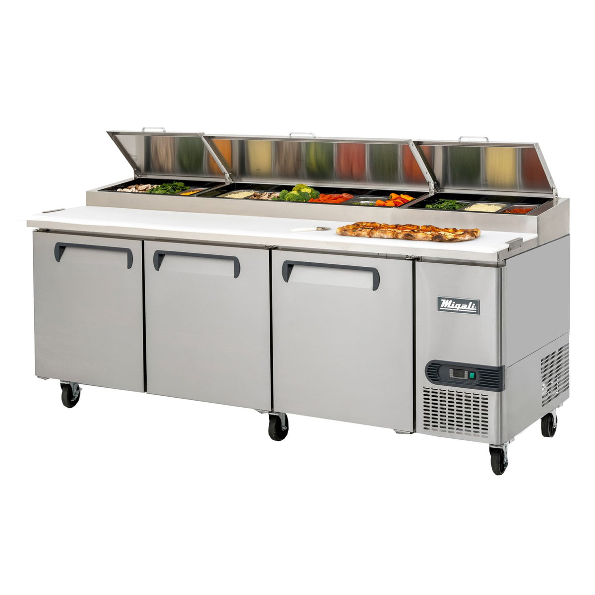 Migali C-PP93-D-HC 93 In. Pizza Preparation Table with (6) Drawers, 12 (1/3) Size Pan Rail, R290 Refrigerant