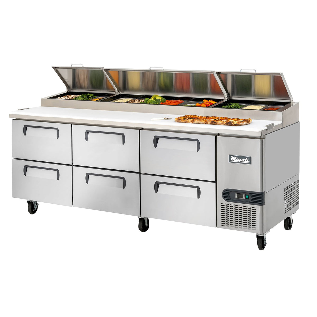 Migali C-PP93-D-HC 93 In. Pizza Preparation Table with (6) Drawers, 12 (1/3) Size Pan Rail, R290 Refrigerant