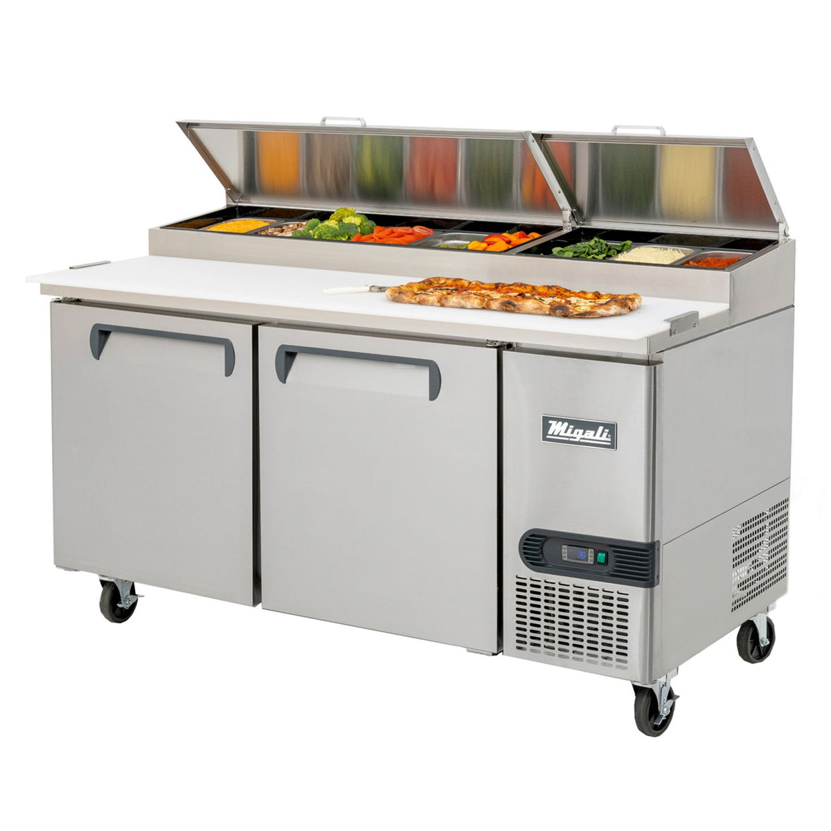 Migali C-PP67-D-HC 67 In. Pizza Preparation Table with (4) Drawers, 9 (1/3) Size Pan Rail, R290 Refrigerant