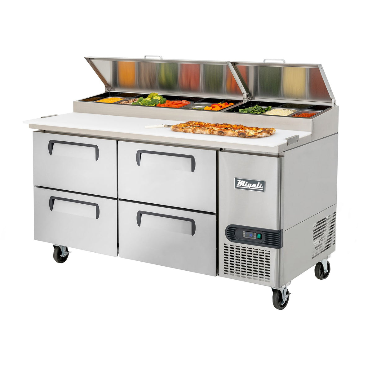 Migali C-PP67-D-HC 67 In. Pizza Preparation Table with (4) Drawers, 9 (1/3) Size Pan Rail, R290 Refrigerant