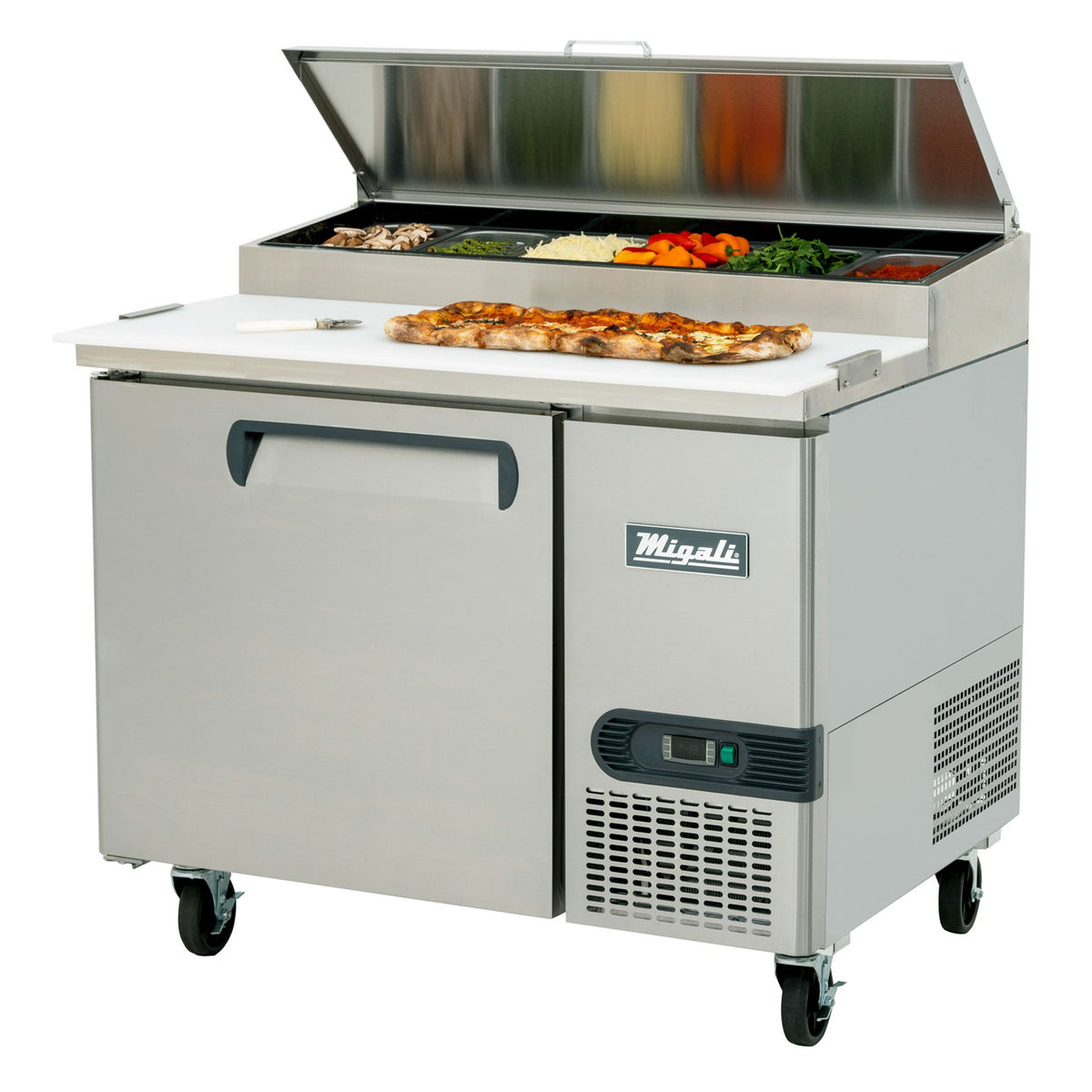 Migali C-PP44-D-HC 44 In. Pizza Preparation Table with (2) Drawers, 6 (1/3) Size Pan Rail, R290 Refrigerant
