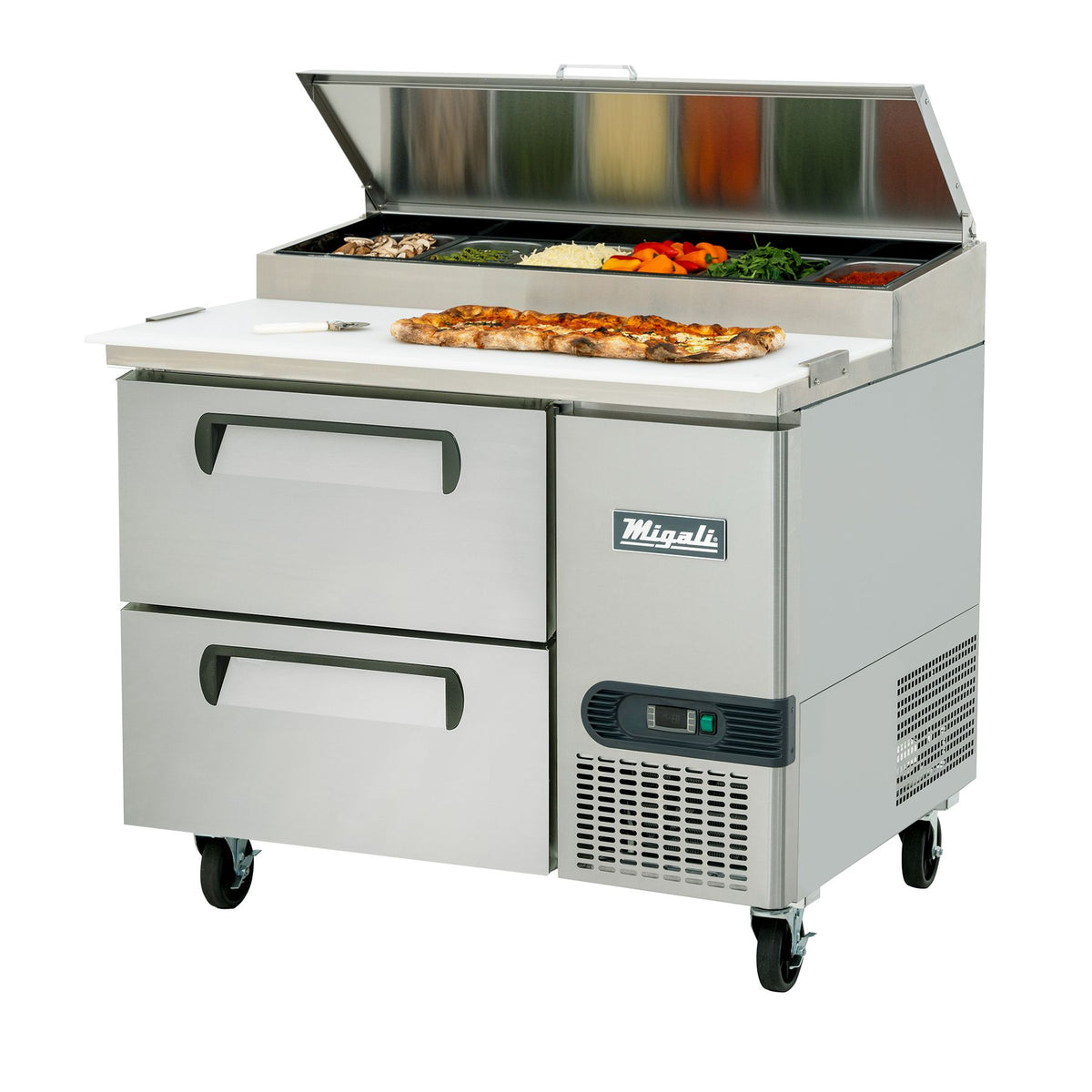 Migali C-PP44-D-HC 44 In. Pizza Preparation Table with (2) Drawers, 6 (1/3) Size Pan Rail, R290 Refrigerant