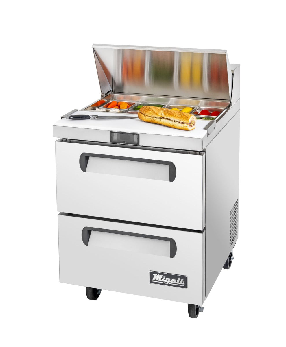 Migali C-SP27-8-D-HC 27 In. Sandwich Preparation Table with (2) Drawers, 8 (1/6) Size Pan Rail, R290 Refrigerant
