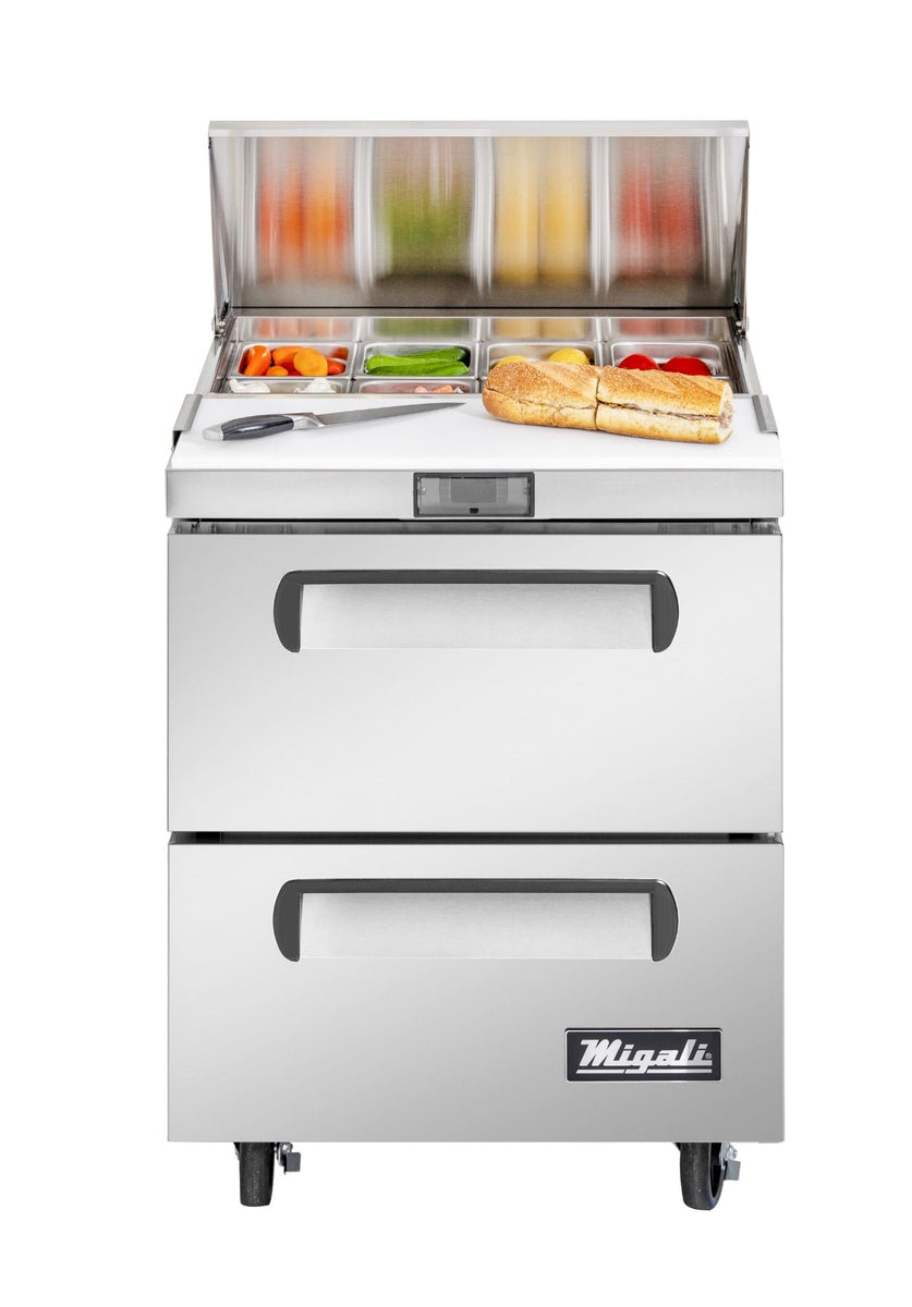 Migali C-SP27-8-D-HC 27 In. Sandwich Preparation Table with (2) Drawers, 8 (1/6) Size Pan Rail, R290 Refrigerant