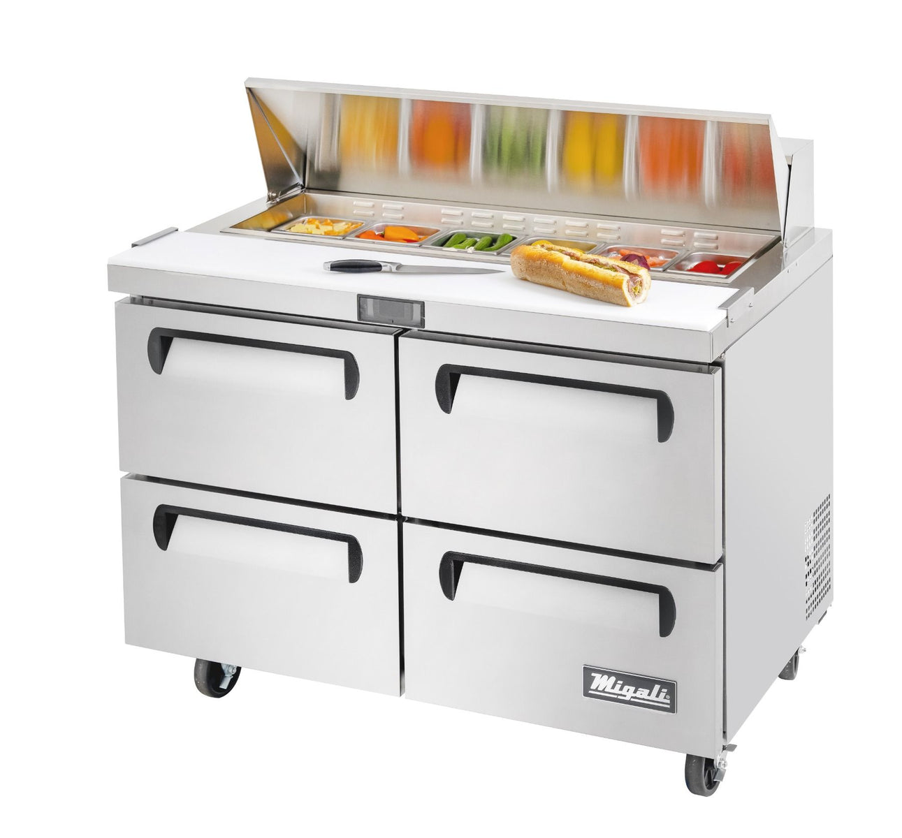Migali C-SP48-12-D-HC 48 In. Sandwich Preparation Table with (4) Drawers, 12 (1/6) Size Pan Rail, R290 Refrigerant