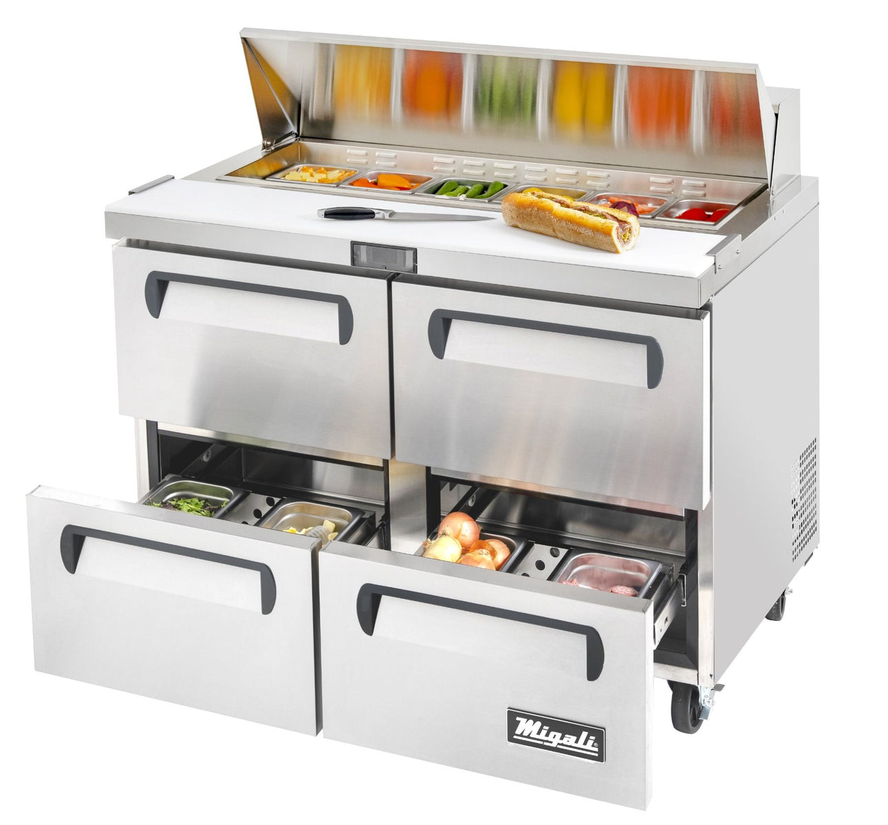 Migali C-SP48-12-D-HC 48 In. Sandwich Preparation Table with (4) Drawers, 12 (1/6) Size Pan Rail, R290 Refrigerant