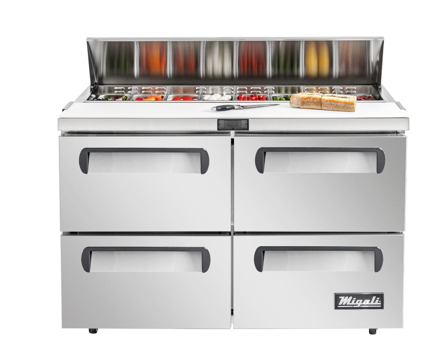 Migali C-SP60-16-D-HC 60 In. Sandwich Preparation Table with (4) Drawers, 16 (1/6) Size Pan Rail, R290 Refrigerant