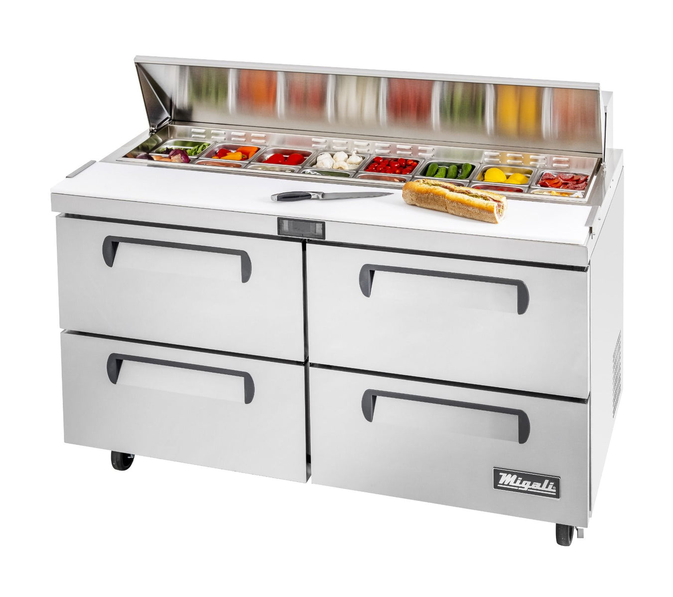 Migali C-SP60-16-D-HC 60 In. Sandwich Preparation Table with (4) Drawers, 16 (1/6) Size Pan Rail, R290 Refrigerant