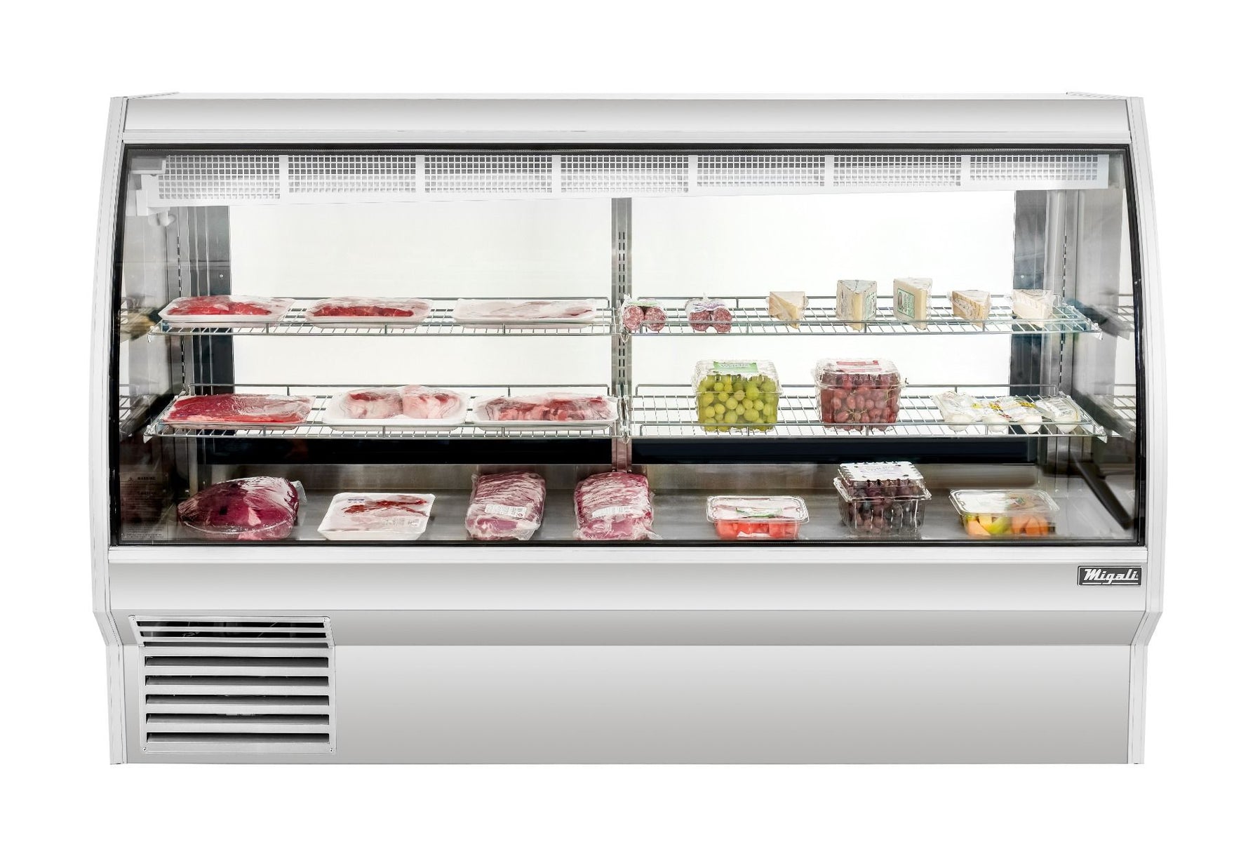 Migali C-DC-7 84 In. 7 Ft Double-Duty Interchangeable Meat/Fish/Deli Display Case, Curved Glass, 40.5 Cu Ft, R290 Refrigerant