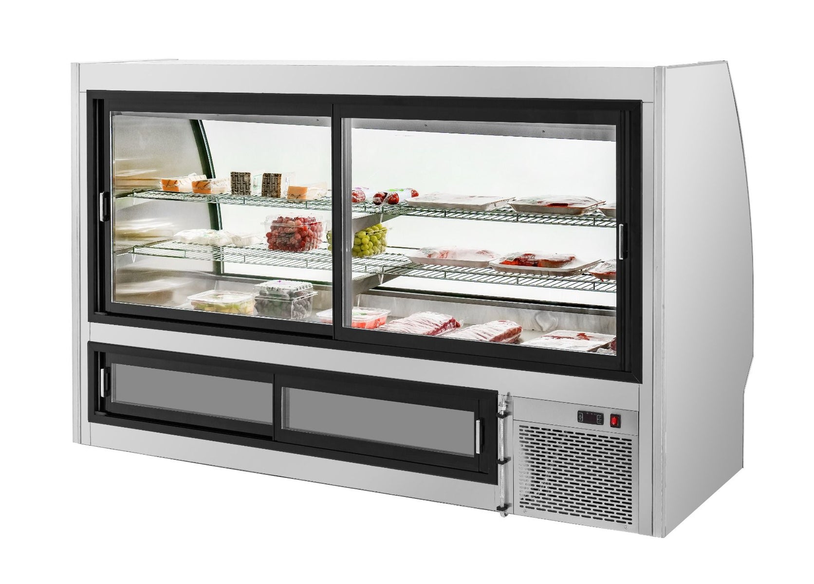 Migali C-DC-7 84 In. 7 Ft Double-Duty Interchangeable Meat/Fish/Deli Display Case, Curved Glass, 40.5 Cu Ft, R290 Refrigerant
