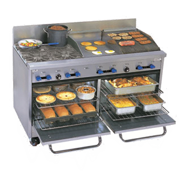 Comstock-Castle F3226-18-1.5RB, 60 In. Restaurant Gas Range, 4 Open Burners, 18" Griddle, 18" Charbroiler, (2) 26.5" Ovens