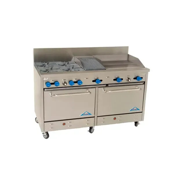 Comstock-Castle F3226-1RB-24B, 60 In. Restaurant Gas Range, 4 Open Burners, 24" Griddle, 12" Charbroiler, (2) 26.5" Ovens