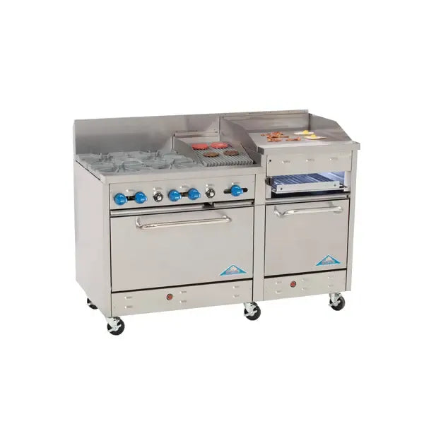 Comstock-Castle F33018-1RB-24B, 60 In. Restaurant Gas Range, 4 Open Burners, 24" Griddle, 12" Charbroiler, (2) 31.5" Ovens