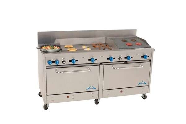 Comstock-Castle 2F330-36-2RB, 72 In. Restaurant Gas Range, 2 Open Burners, 36" Griddle, 24" Charbroiler, (2) 31.5" Ovens