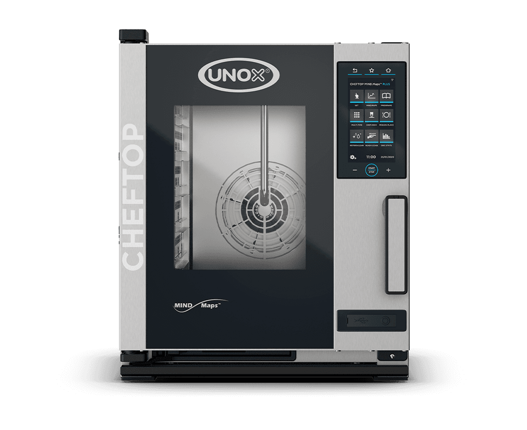 UNOX XACC-0513-MPRM 21 In. Electric Countertop Combi Oven (Single-Phase), (5) GN 1/1 Capacity, MIND.Maps Plus Touch Controls, AISI 316L Stainless Steel Chamber