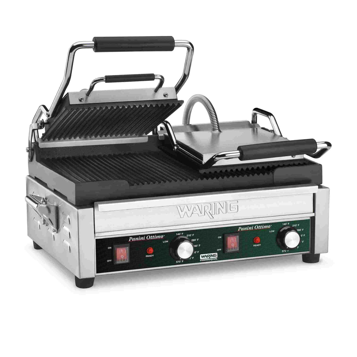 Waring WPG300 Double Ribbed Commercial Panini Grill, 17" x 9.5" Plates, 120V