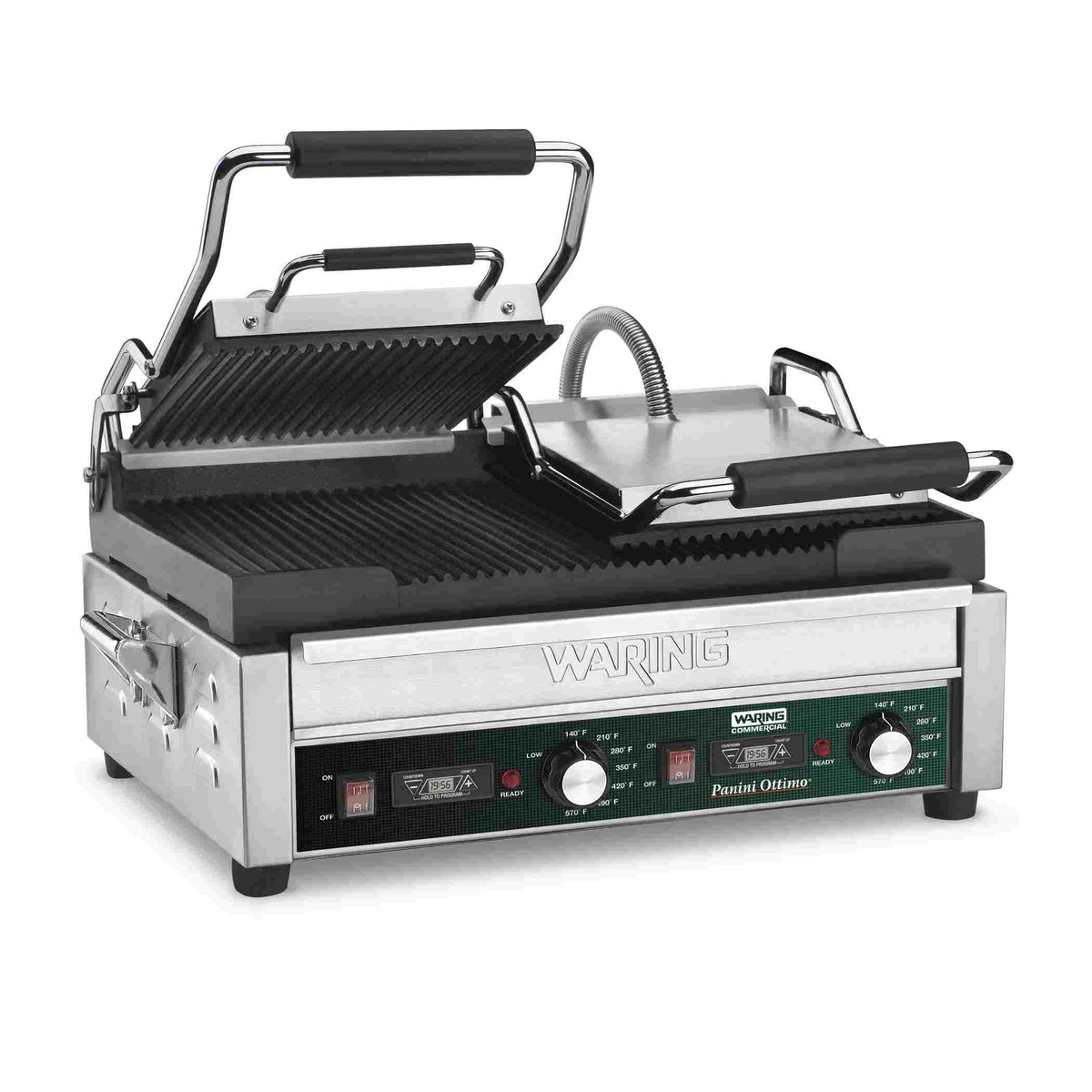 Waring WPG300T Double Ribbed Commercial Panini Grill with Timer, 17" x 9.5" Plates, 120V