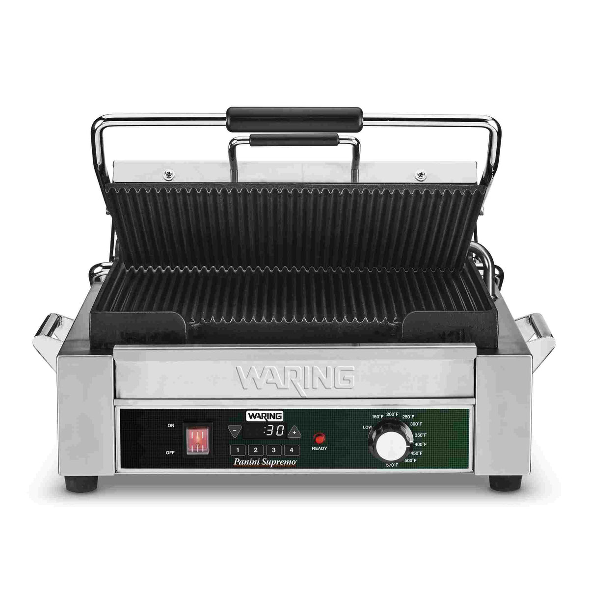 Waring WPG250TX Panini Supremo Ribbed Panini Grill with Programmable Timer, 14.5" x 11" Plates, 120V