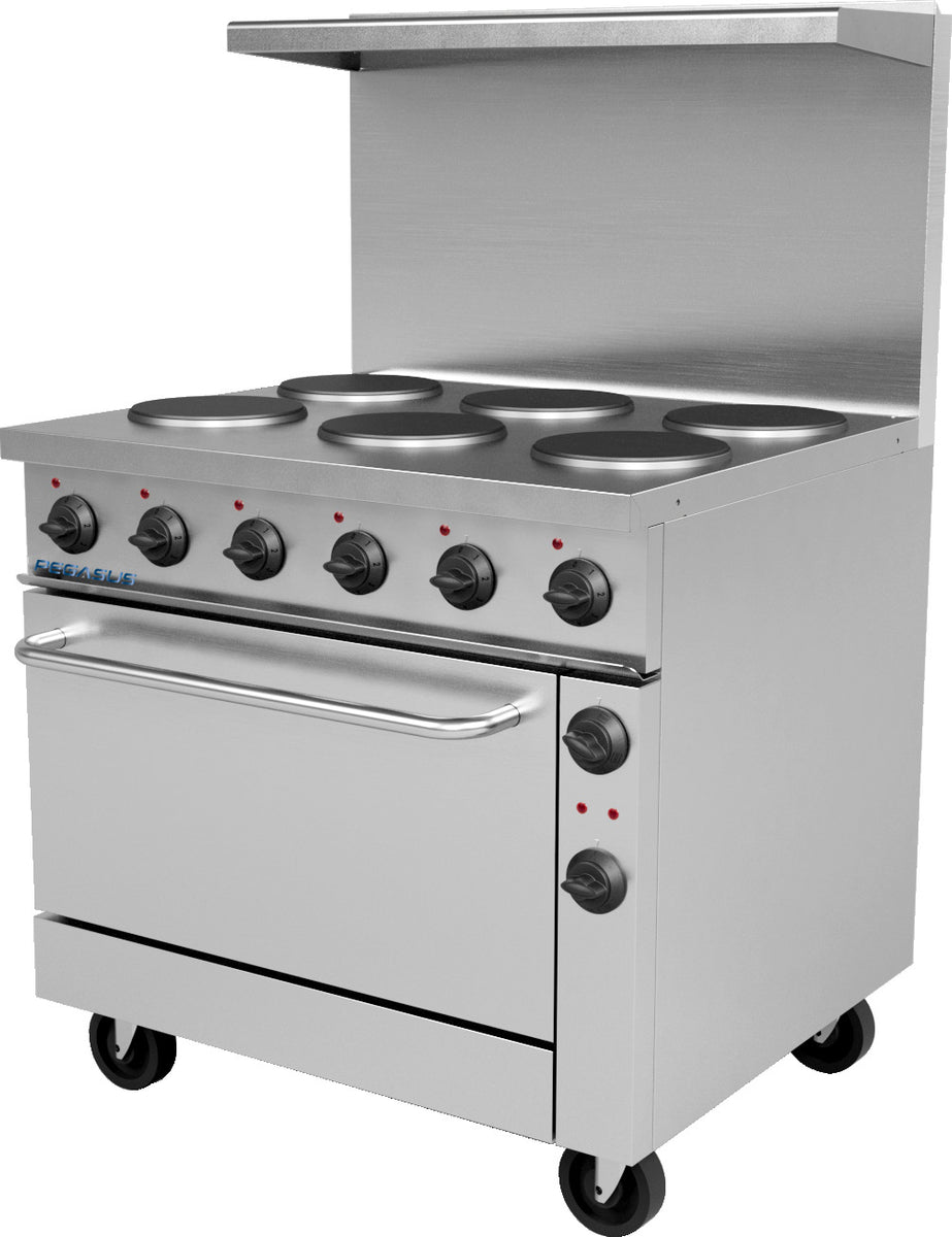 Pegasus R-36E 36" Electric Restaurant Range 6 Round Elements, Solid Top, Thermostatic Oven
