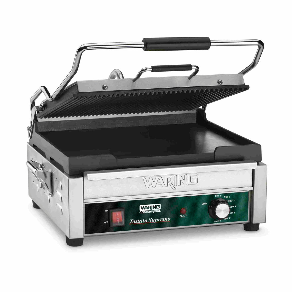 Waring WDG250 Dual Surface Panini Grill, Ribbed Top and Flat Bottom, 14.5" x 11" Plates, 120V