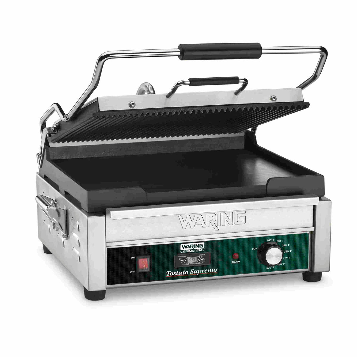 Waring WDG250T Dual Surface Panini Grill, Ribbed Top and Flat Bottom with Timer, 14.5" x 11" Plates, 120V