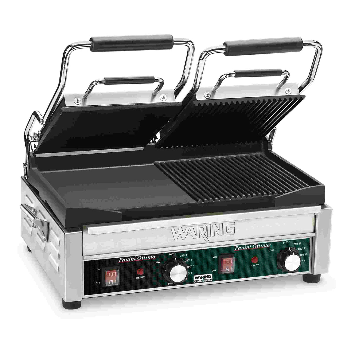 Waring WDG300 Dual Surface Panini Grill, Half Ribbed Half Flat, 17" x 9.25" Plates, 240V