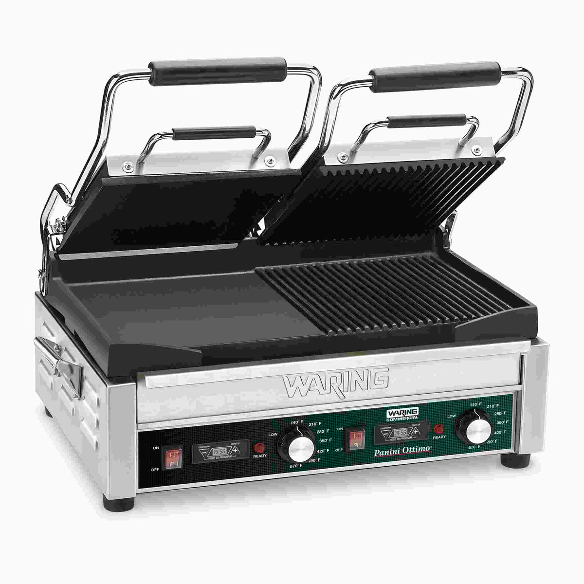 Waring WDG300T Dual Surface Panini Grill, Half Ribbed Half Flat with Timer, 17" x 9.25" Plates, 240V