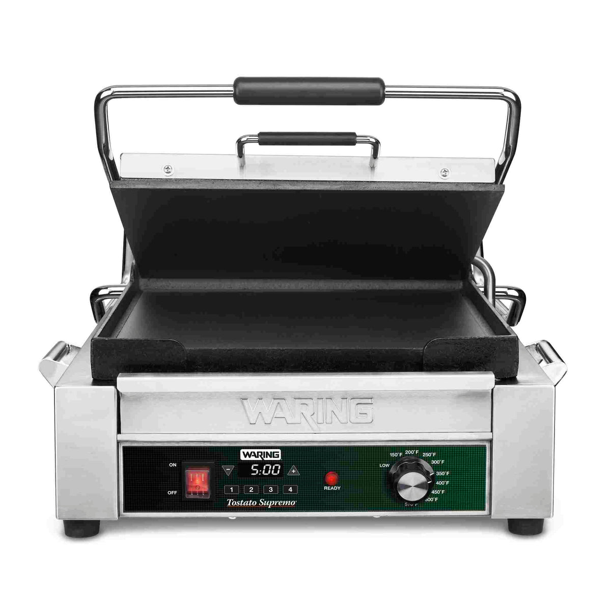 Waring WFG275TX Full-Size Flat Panini Grill with Programmable Timer, 14" x 14" Plates, 120V