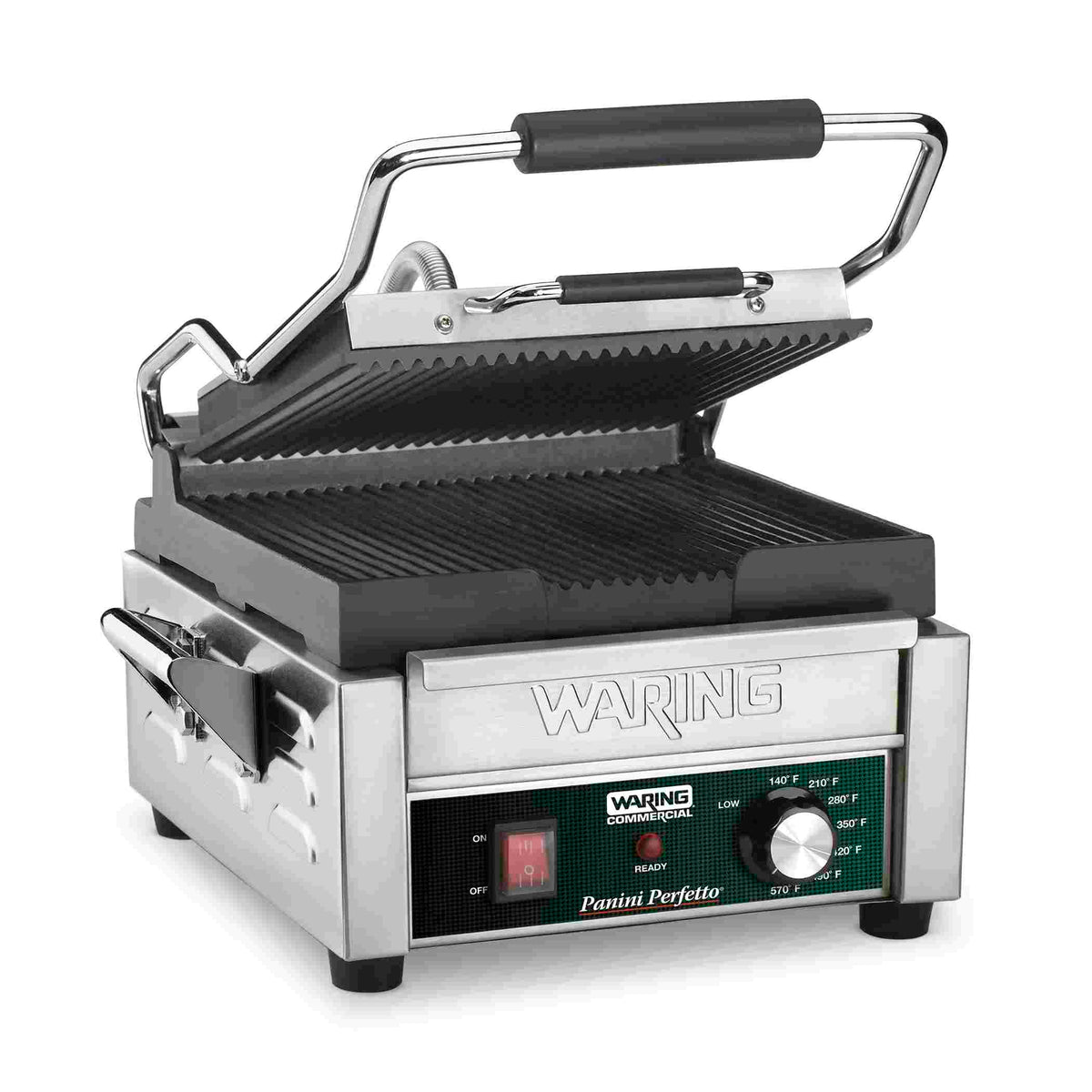 Waring WPG150B Panini Perfetto Ribbed Panini Grill, 9.75" x 9.25" Plates, 208V