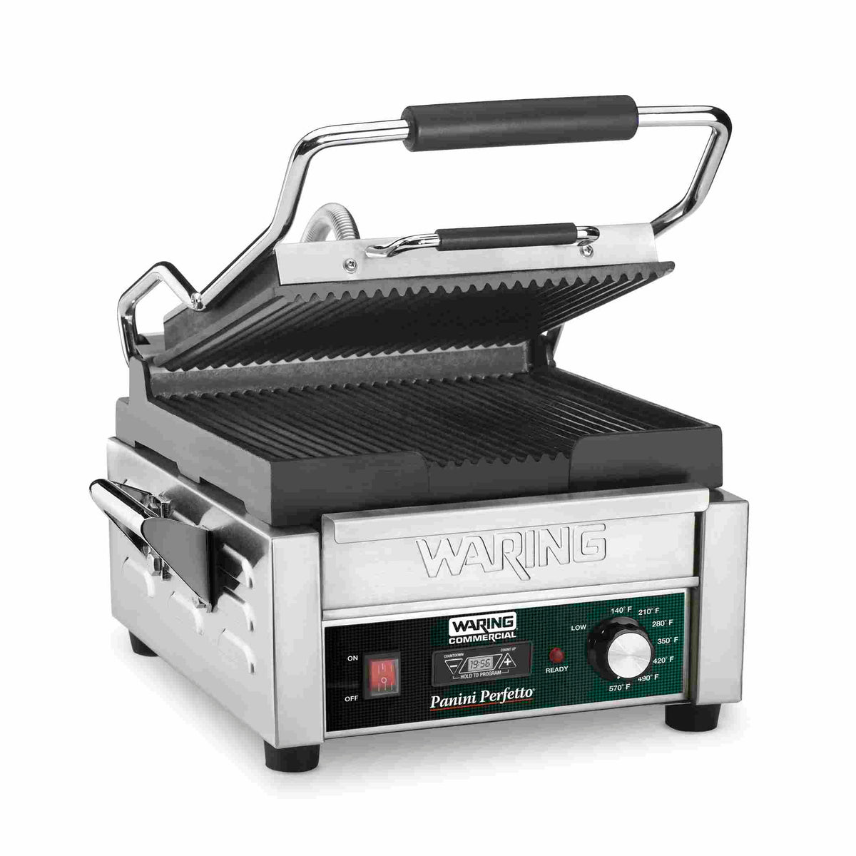 Waring WPG150T Panini Perfetto Ribbed Panini Grill with Timer, 9.75" x 9.25" Plates, 120V