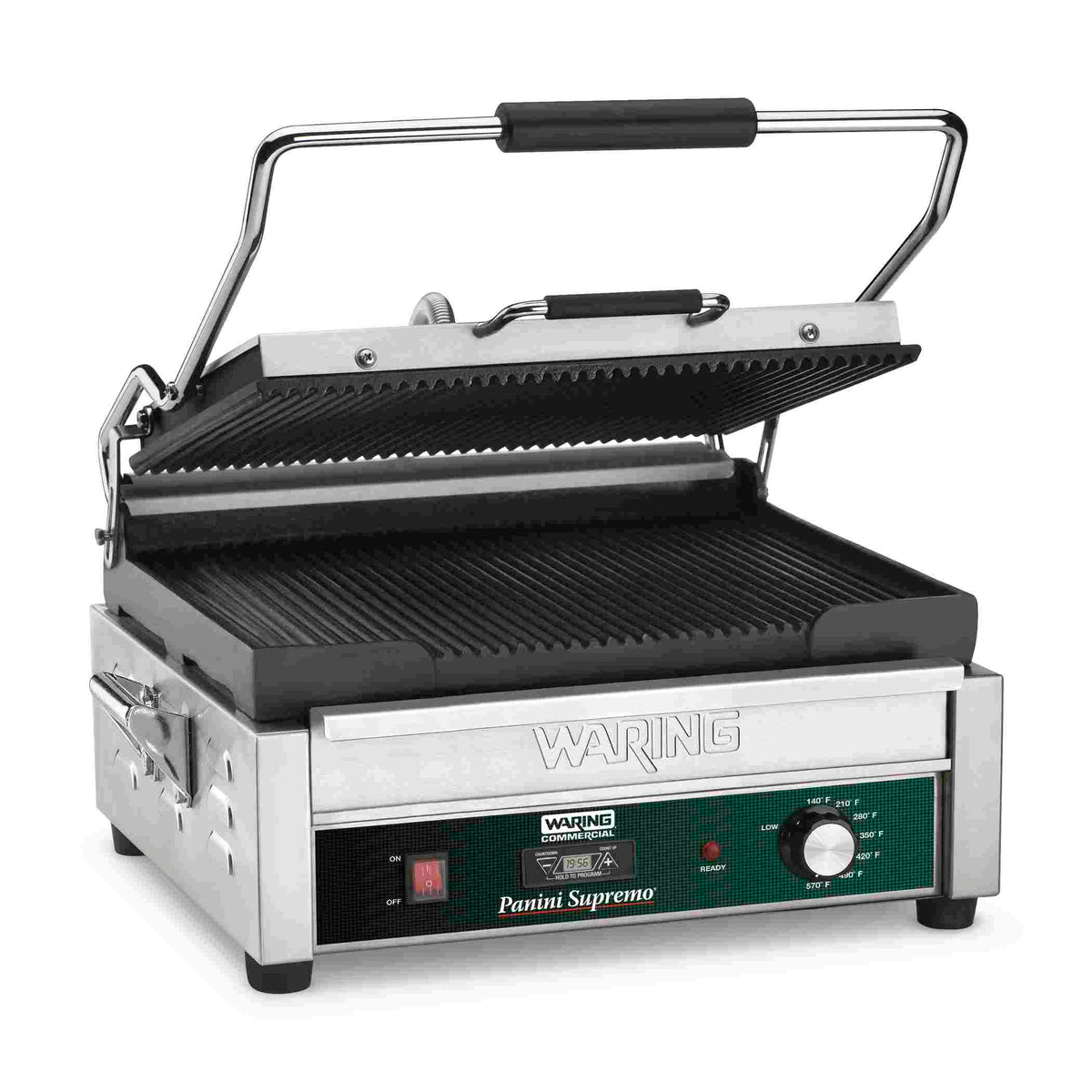 Waring WPG250TB Panini Supremo Ribbed Panini Grill with Timer, 14.5" x 11" Plates, 208V