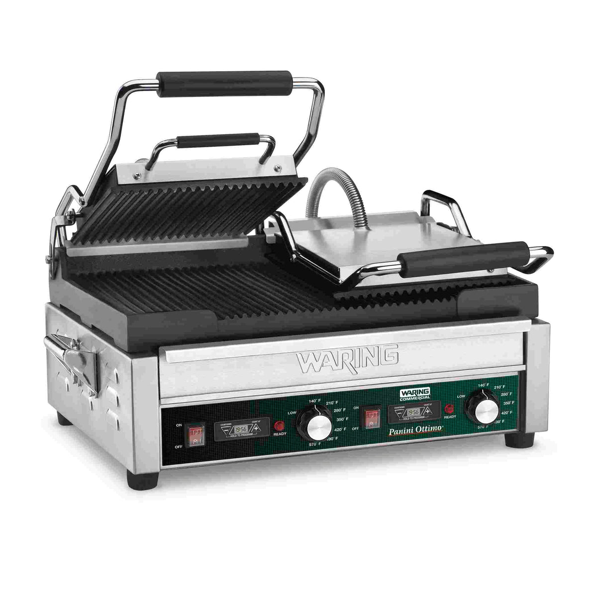 Waring WPG300T Panini Ottimo Ribbed Panini Grill with Timer, 17" x 9.25" Plates, 240V