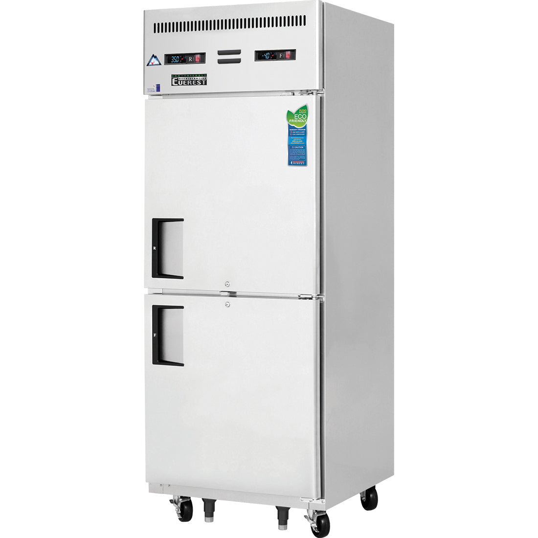 Everest ESRFH2 29 In. Reach-In Dual Temp Refrigerator Freezer, 2 Solid Half Doors, 11 + 11 Cu. Ft., Top Mount Blizzard R290