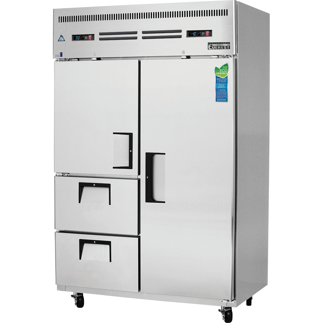 Everest ESRF2D2 50 In. Reach-In Dual Temp Refrigerator Freezer, 1 Half Door and 2 Drawers Chilled, 1 Full Door Frozen, 22 + 22 Cu. Ft.