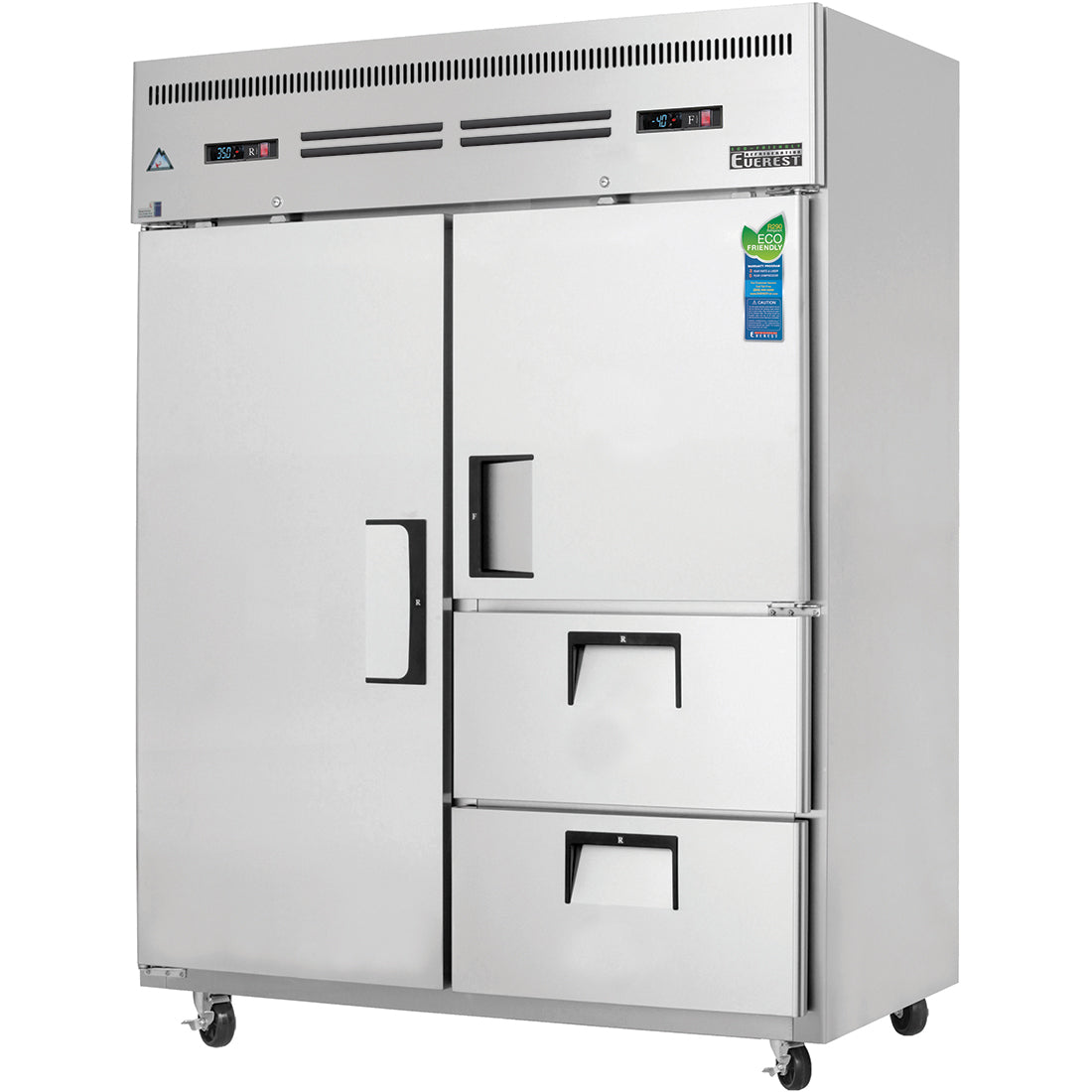 Everest ESWQ2D2 59 In. Reach-In Dual Temp Refrigerator Freezer, Wide Door and 2 Drawers Chilled, Half Door Frozen, 39 + 13 Cu. Ft.