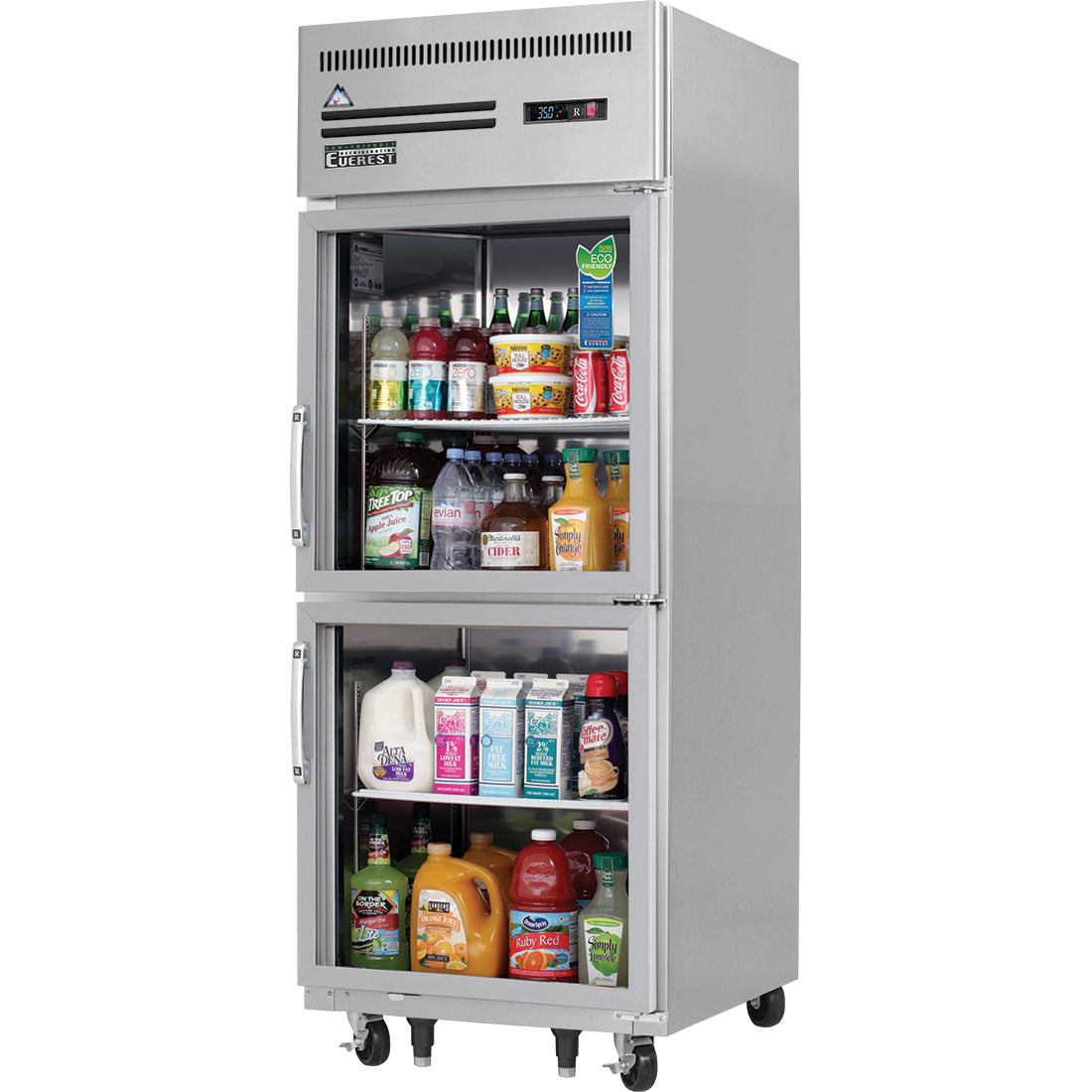 Everest ESGRH2 29 In. Glass Door Reach-In Refrigerator, 2 Low-E Glass Half Doors, 23 Cu. Ft., Top Mount Blizzard R290