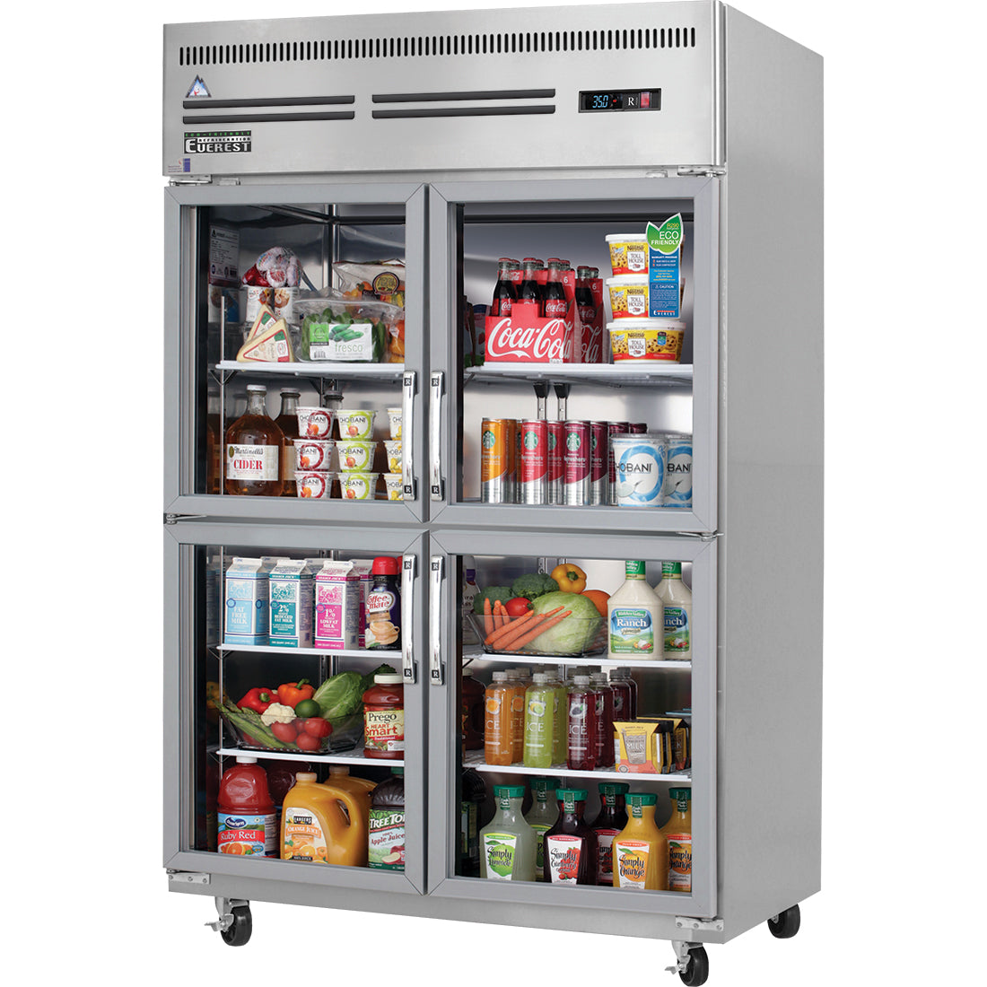 Everest ESGRH4 50 In. Glass Door Reach-In Refrigerator, 4 Low-E Glass Half Doors, 48 Cu. Ft., Top Mount Blizzard R290