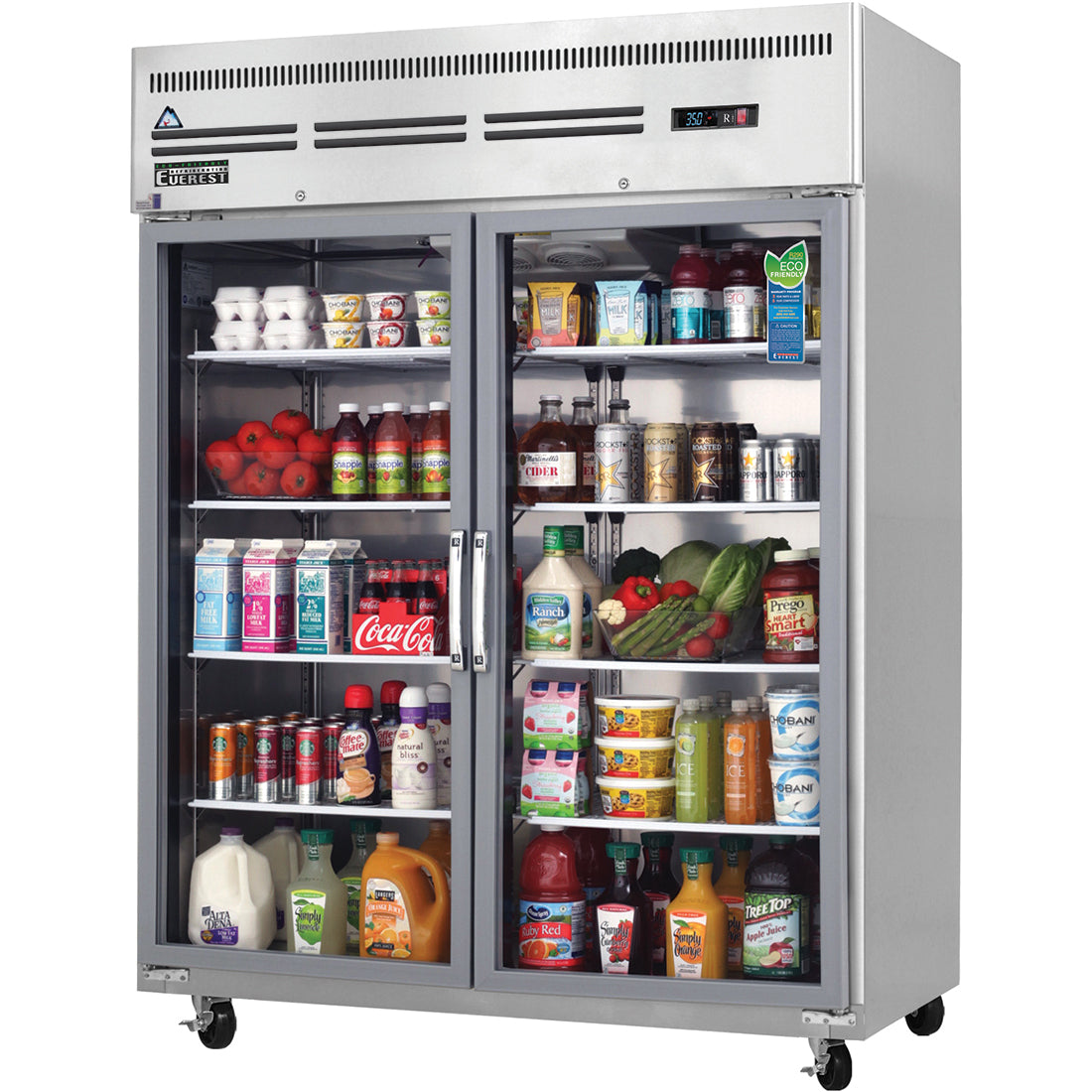 Everest ESGWR2 59 In. Glass Door Reach-In Refrigerator, 2 Wide Low-E Glass Doors, 55 Cu. Ft., Top Mount Blizzard R290
