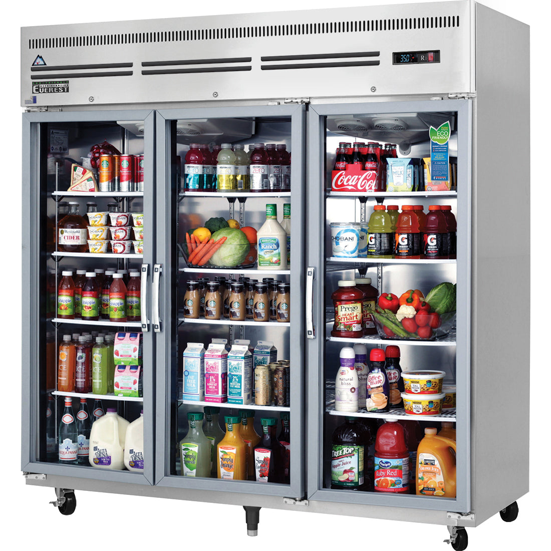Everest ESGR3A 75 In. Glass Door Reach-In Refrigerator, 3 Low-E Glass Doors, 71 Cu. Ft., Top Mount Blizzard R290