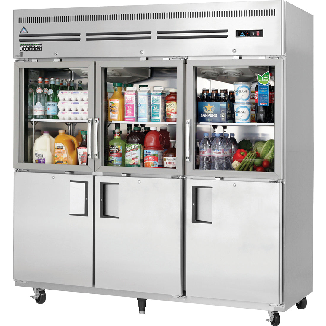 Everest EGSH6 75 In. Reach-In Refrigerator, Glass & Solid Combination Half Doors, 71 Cu. Ft., Top Mount Blizzard R290