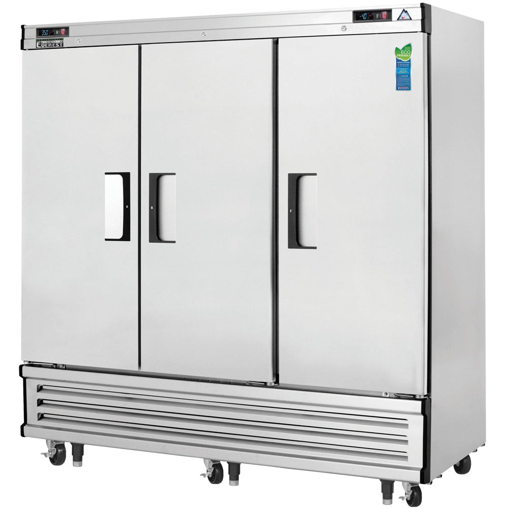 Everest EBRF3 75 In. Bottom Mount Reach-In Dual Temp Refrigerator Freezer, 3 Solid Doors, 46 + 22 Cu. Ft., Twin Blizzard R290 Cartridges