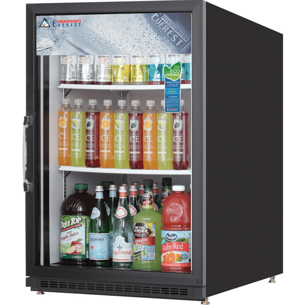Everest EMGR5B 25 In. Glass Door Merchandiser Refrigerator, 1 Swing Door, 5 Cu. Ft., Black Exterior, Bottom Mount Blizzard R290