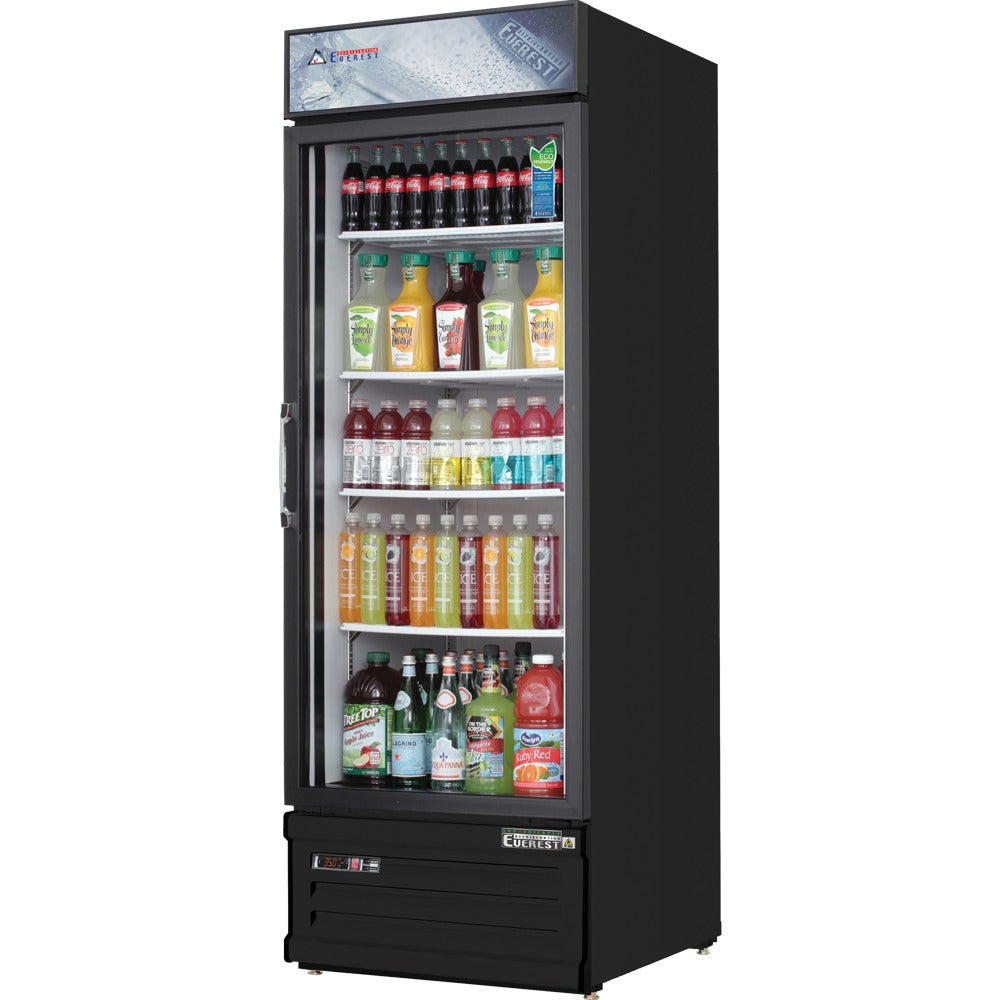 Everest EMGR20B 25 In. Glass Door Merchandiser Refrigerator, 1 Swing Door, 20 Cu. Ft., Black Exterior, Bottom Mount Blizzard R290