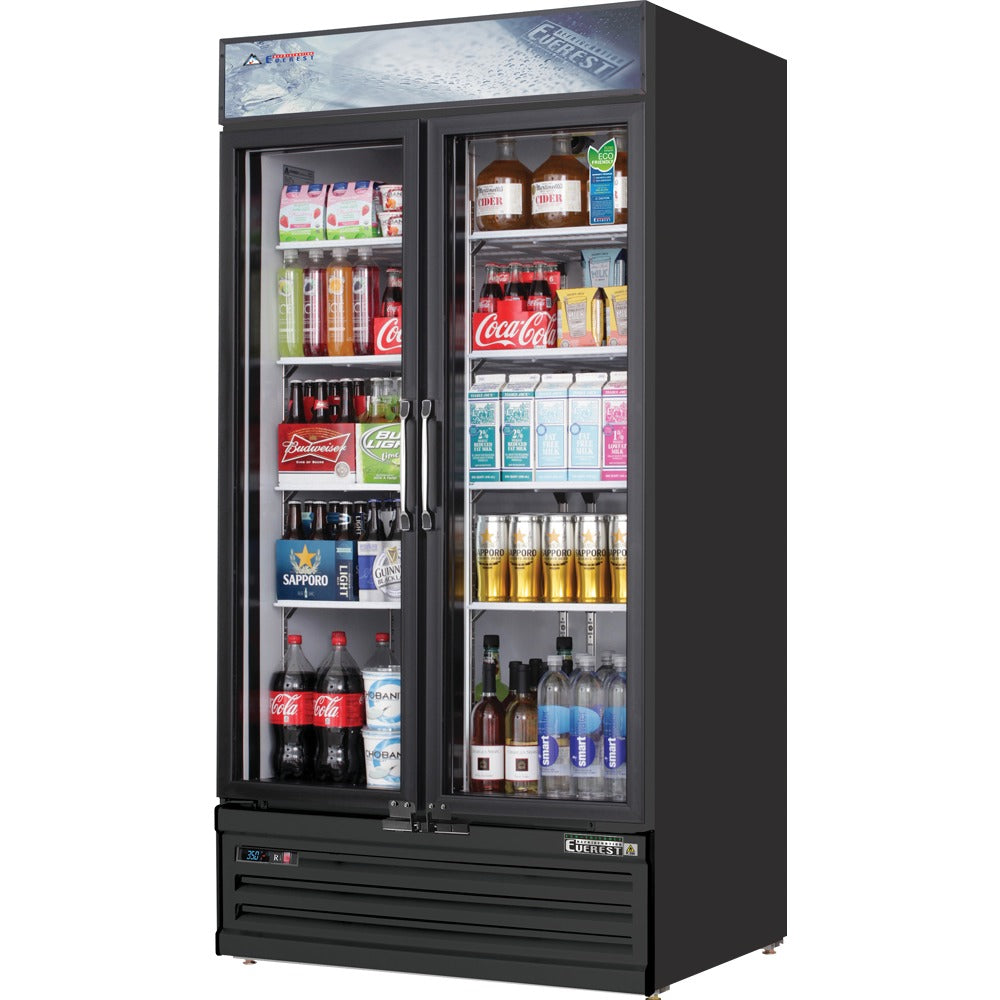 Everest EMSGR33B 39 In. Glass Door Merchandiser Refrigerator, 2 Swing Doors, 36 Cu. Ft., Black Exterior, Bottom Mount Blizzard R290