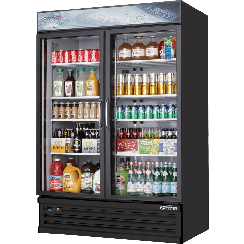 Everest EMSGR48B 53 In. Glass Door Merchandiser Refrigerator, 2 Swing Doors, 50 Cu. Ft., Black Exterior, Bottom Mount Blizzard R290