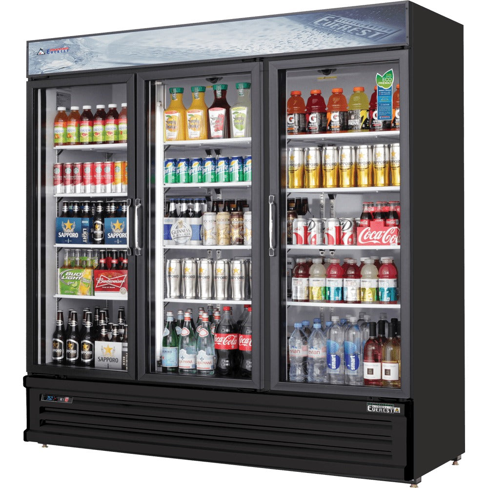 Everest EMSGR69B 73 In. Glass Door Merchandiser Refrigerator, 3 Swing Doors, 71 Cu. Ft., Black Exterior, Bottom Mount Blizzard R290